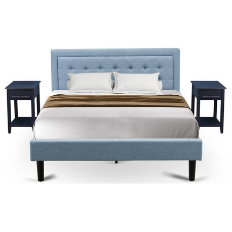 3-Piece Platform Bed Set, 1 Queen Bed Frame, 2 Night Stands Denim Blue Fabric