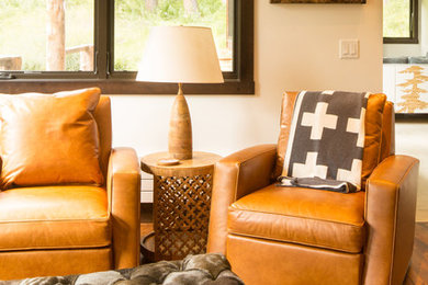 Mid-sized mountain style open concept medium tone wood floor living room photo in Other with beige walls, no fireplace and no tv
