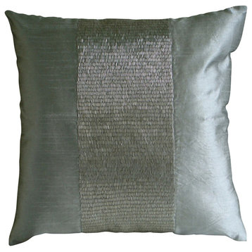 Metallic Beads Silk Pillow Cover, Silver, 14"x14"