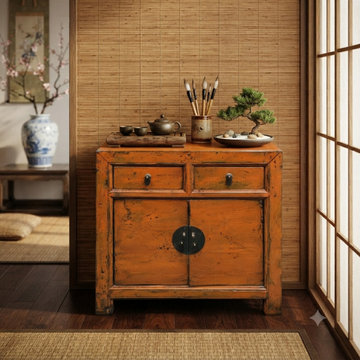 Distressed Vintage Style Weathered Orange Drawers Credenza Cabinet ws4995