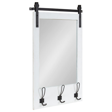 Cates Wood Framed Wall Mirror with Hooks, White, 18x28