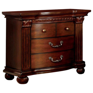 Classic 4 Drawers Nightstand, Bun Feet & Carved Details, Cherry Brown