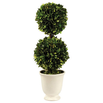 Luxe Double Ball Topiary Boxwood 19 in Classic White Urn Vase Greenery Tabletop
