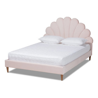 Meridian Pink Velvet Coastal Platform Bed Queen Midcentury