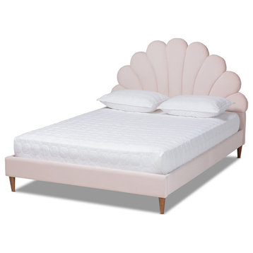 Meridian Pink Velvet Coastal Platform Bed, Queen