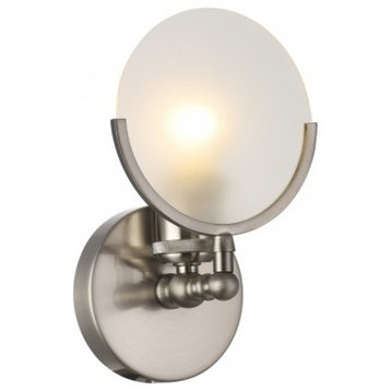 Wall Sconce With Round Frosted Glass Shade, Shiny Nickel