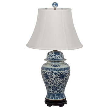 Blue and White Peony Motif Asian Porcelain Lamp