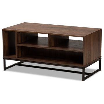 Modern and Temporary Walnut Finished Wood and Metal Coffee Table
