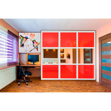 3 Panels Closet / Wardrobe Door with Mirror & Red Painted Glass Insert, 96"x84" Inches
