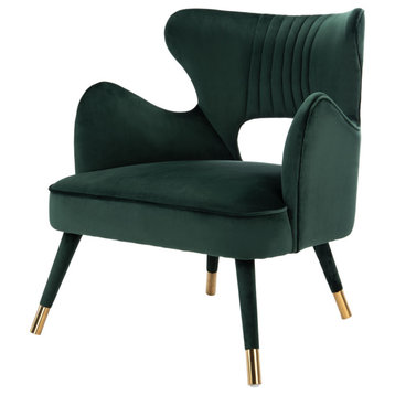 Elegant Accent Chair, Channel Tufted Open Back and Gold Capped Legs, Forest Green