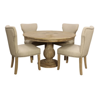 Jenna 48" Dining Set in Solid Wood With 4 Jill Chairs in Ivory Fabric ...