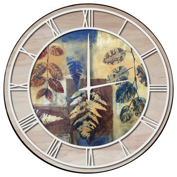 Wall Clock With Woodgrain Accent, Leaves, Blue, White Numbers, 24"x24"