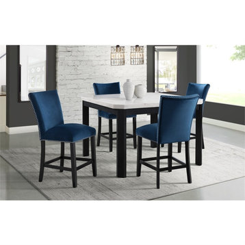 Picket House Celine White Marble 5PC Counter Height Dining Set with Blue Chairs