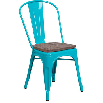 Metal Stackable Chair With Wood Seat, Crystal Teal-Blue