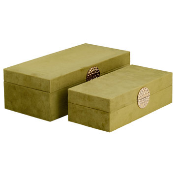 Wood, S/2 10/12" Box W/ Medallion, Olive/gold