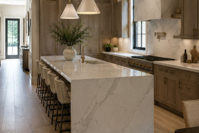 Trendy kitchen photo in Toronto with flat-panel cabinets, beige cabinets, quartz countertops and white countertops