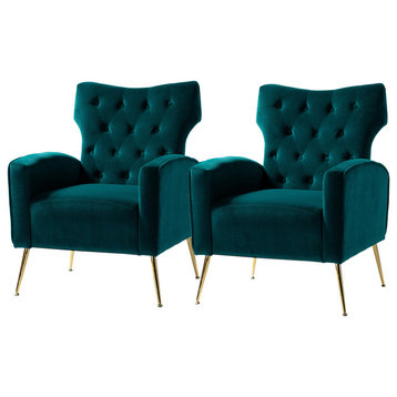 Upholstery Velvet Accent Chair With Button Tufted Back Set of 2, Teal