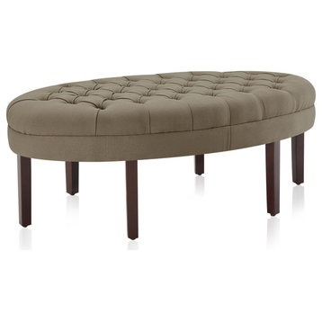 Oval Tufted Ottoman/Bench, Linen Fabric With Wood Leg, Light Brown