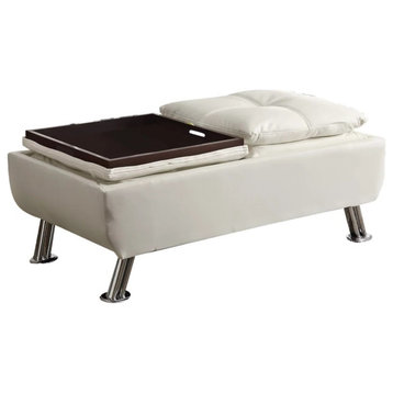 Contemporary Storage Ottoman, Chrome Metal Legs With Reversible Tray Top, White