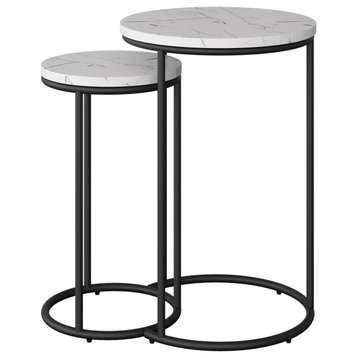 Fort Worth 2-Piece Nesting Side Tables with Black Metal Legs, White Marble