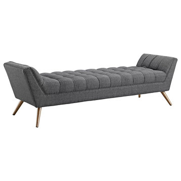 Mid Century Accent Bench, Angled Legs & Button Tufted Polyester Seat, Grey