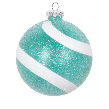 Vickerman 4" Teal and White Swirl Sugar Glitter Ball Ornament, 4 per bag.