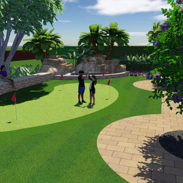 Mini Golf area with waterfall pond and stone bench