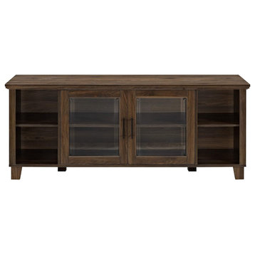 TV Stand, Open Shelves and Center Cabinet With Glass Inset Doors, Walnut Brown