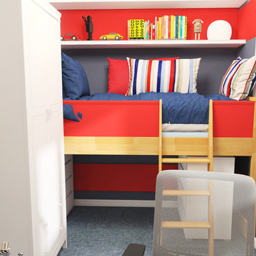 Loft bed with space underneath for storage, shelving above.
