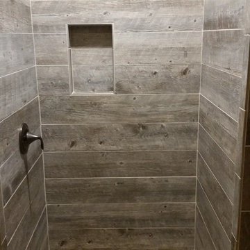 Barnwood Tile Shower with pebble base