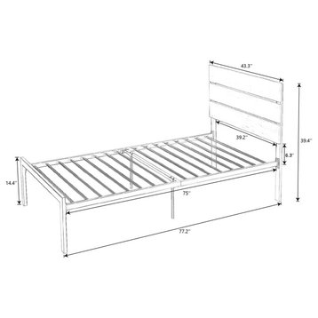 Twin Size Platform Bed Frame with Wood headboard and Metal Slats