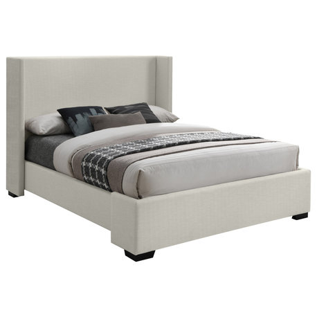 Oxford Linen Textured Fabric Upholstered Bed, Beige, King