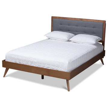 Averie Dark Gray Fabric Upholstered Walnut Brown Wood King Platform Bed