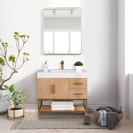 Bianco Bathroom Vanity Composite Stone Top, Light Brown/Brushed Gold, 36", With Mirror