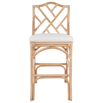 Chippendale Rattan Stool, Natural Color With Off-White Upholstery, Barstool