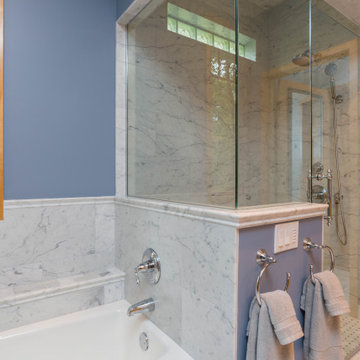 Traditional Carrara Marble Primary Bath Refresh With Maple Vanity