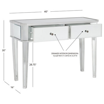 Mirrored Console Table, Matte Silver Wooden Frame & 2 Drawers With Round Knobs