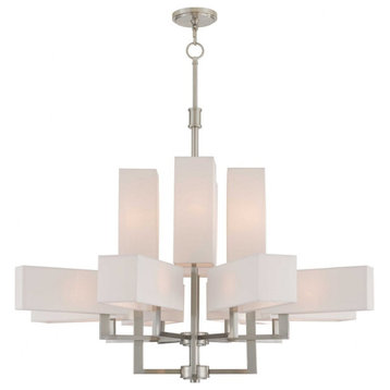 Contemporary Twelve Light Chandelier-Brushed Nickel Finish-Off-White Shade