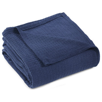 100% Cotton Waffle Stitch Blanket Bed Throw, Navy Blue, Throw