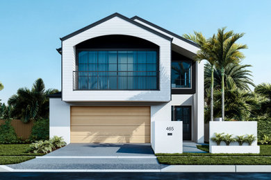 Mid-sized two-storey white house exterior in Brisbane with mixed siding, a gable roof, a metal roof and a black roof.