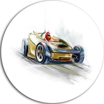 Yellow Formula One Car, Digital Art Car Large Disc Metal Wall Art, 11"
