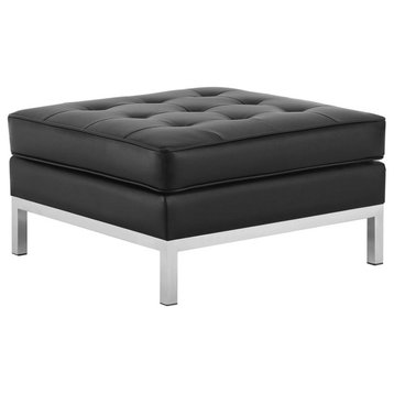 Loft Tufted Button Upholstered Faux Leather Ottoman, Silver Black