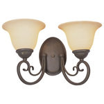Trans Globe Lighting - Laredo 16" Wall Sconce - The Laredo Collection combines Spanish design themes with functionality. The Laredo 16" Wall Sconce offers both accent lighting and supplemental area lighting as it stands out and showcases your home's interior.  An Antique Bronze finished oval wall plate with beveled edge and fancy scrolled arms support the two bell shaped Crushed Stone glass shades, bringing new style to classic appeal.  The Laredo Collection includes a wide offering of matching indoor light fixtures, giving it added flexibility for use in any home.