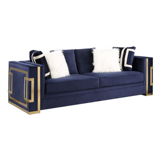 ACME Virrux Sofa With 6 Pillows Blue Velvet and Gold