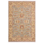 Bareens Designer Rugs - Boho Chic Ziegler Ehtel Gray Blue Hand-Knotted Wool Rug - 4'1'' x 6'1'' - Enhance the ambiance of your home with this magnificent Persian-influenced Turkish hand-knotted rug made by skilled artisans capable of creating the most exceptional vegetable dyes and hand-spun wool. This exquisite handmade rug is a one-of-a-kind Peshawar Kafkaz, otherwise identified as Chobi, Chobi Peshawar, Oushak, or Ziegler rug. These handmade rugs are crafted in Pakistan utilizing superior-quality wool imported from Australia, New Zealand, and Korea in two types of weaves: the Persian weave and the Mori weave. This rug is meticulously crafted by hand using the finest natural vegetable dyes extracted from local plants. The artisans use a blend of hand-spun local and fine merino wool, resulting in a rug with a compelling texture, higher lanolin content, and longer staple. The artisans occasionally incorporate natural or artificial silk into the pile to enhance specific motifs. The finished product is an awe-inspiring execution of flawless design and an understated palette that exudes elegance.