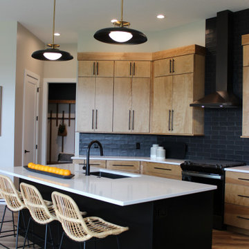 Angled Kitchen Design with Slab Style Cabinets in Pecan Stain