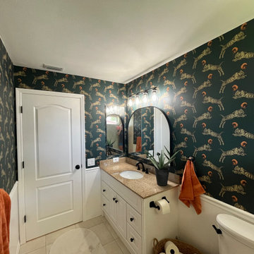 Bold tiger-print wallpaper installation, full bathroom - Sarasota, FL