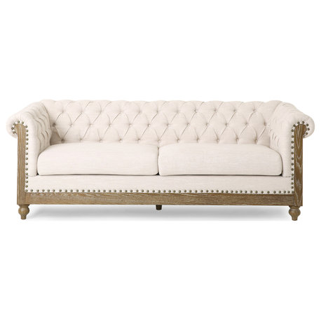 Kinzie Chesterfield Tufted 3 Seater Sofa with Nailhead Trim, Beige/Dark Brown, Fabric