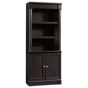 Tall Bookcase, Crown Molded Top With 3 Open Shelves & Lower Cabinet, Wind Oak