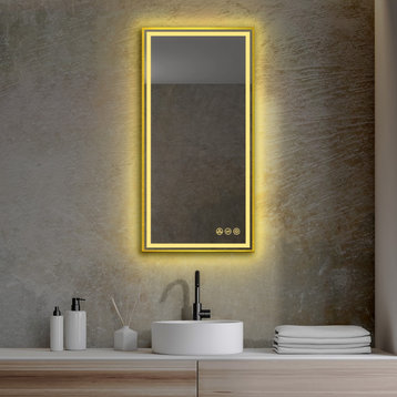 Fogless, Dimmable, Color Temperature Adjustable LED Mirror, Brush Gold, 18x36